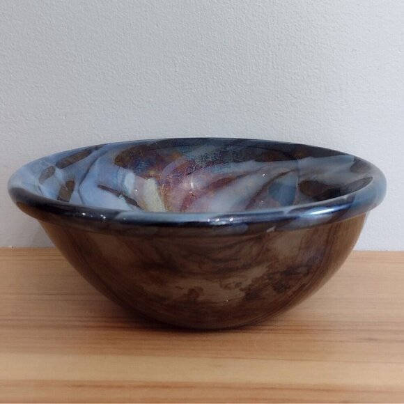 Vintage Hand Blown Art Glass Bowl Iridescent Blue Swirl Unsigned Heavy - Picture 3 of 11